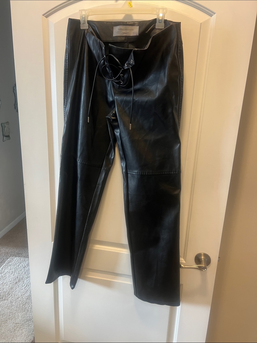 naked wardrobe Black Faux Leather Lace-Up Waist Pants